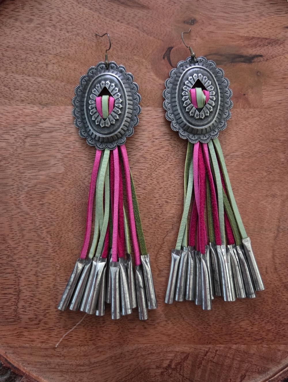 Multi coloured concho leather fringe earrings silver cone accents western